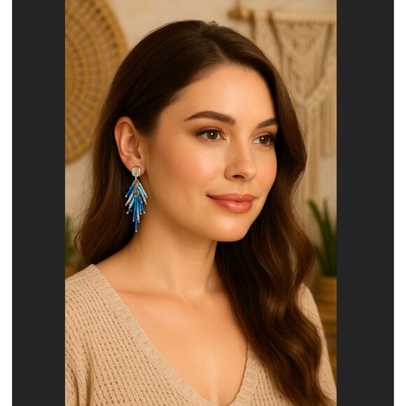 J. Jill Blue Beaded Layered Fringe Hammered Silver Post Drop Dangle Earrings NWT - Picture 1 of 6